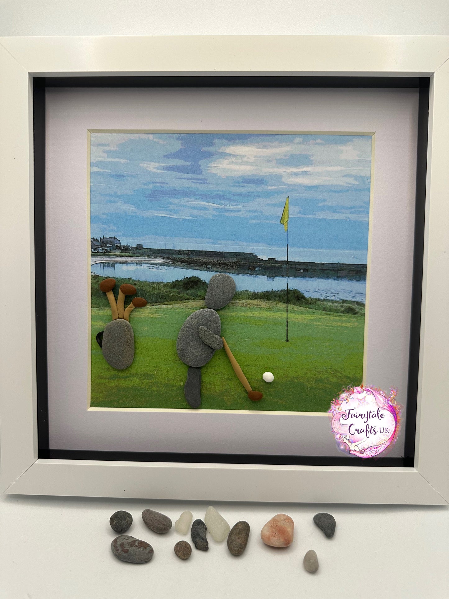 golf pebble art, golfer, Rosehearty golf course, pebble art golf, Aberdeenshire golf, golf gift, pebble art, framed dad gift, framed golfer