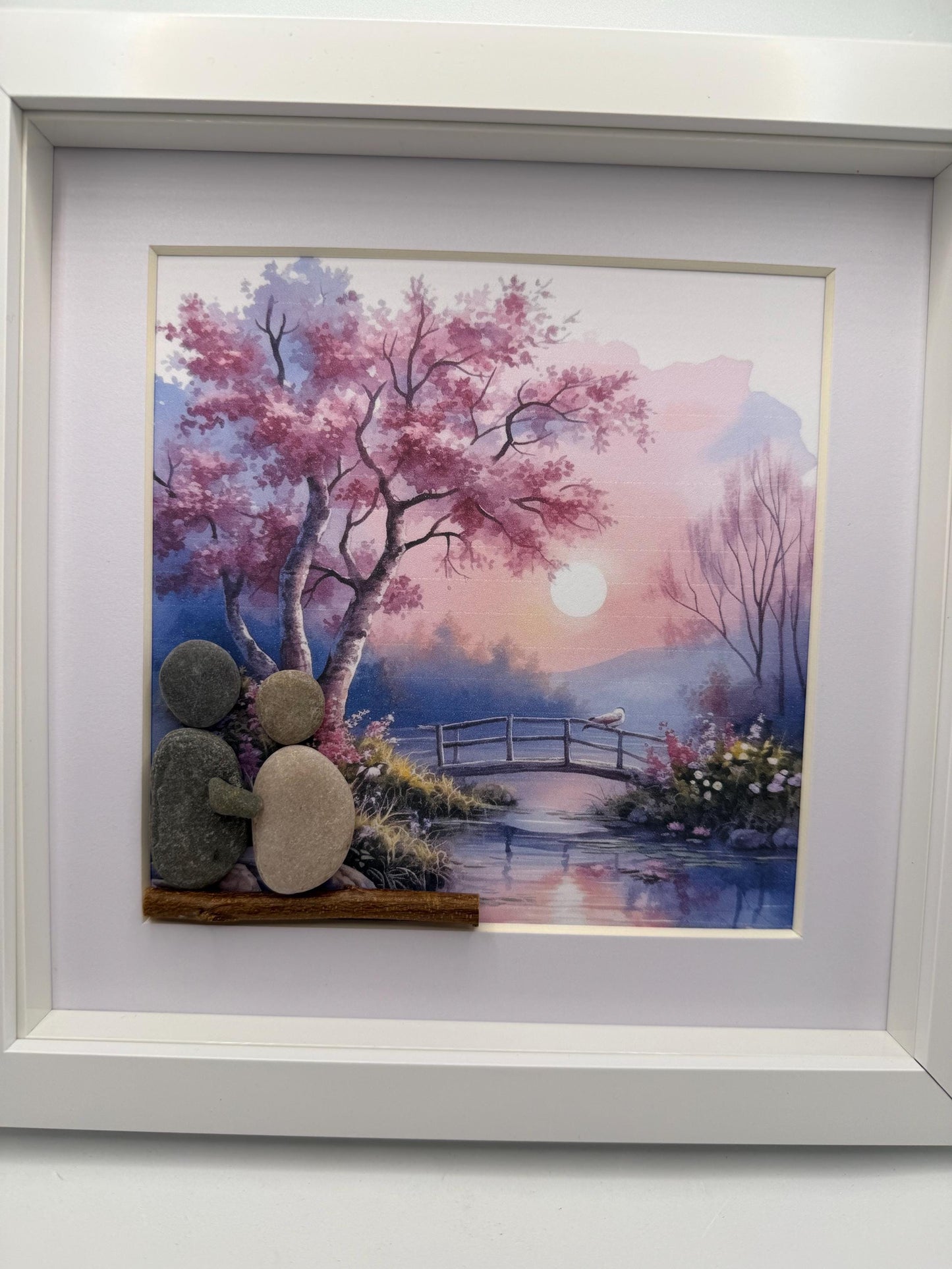 Cherry blossom lake scene pebble art, pebble art scene, pebble art couple, pebble art