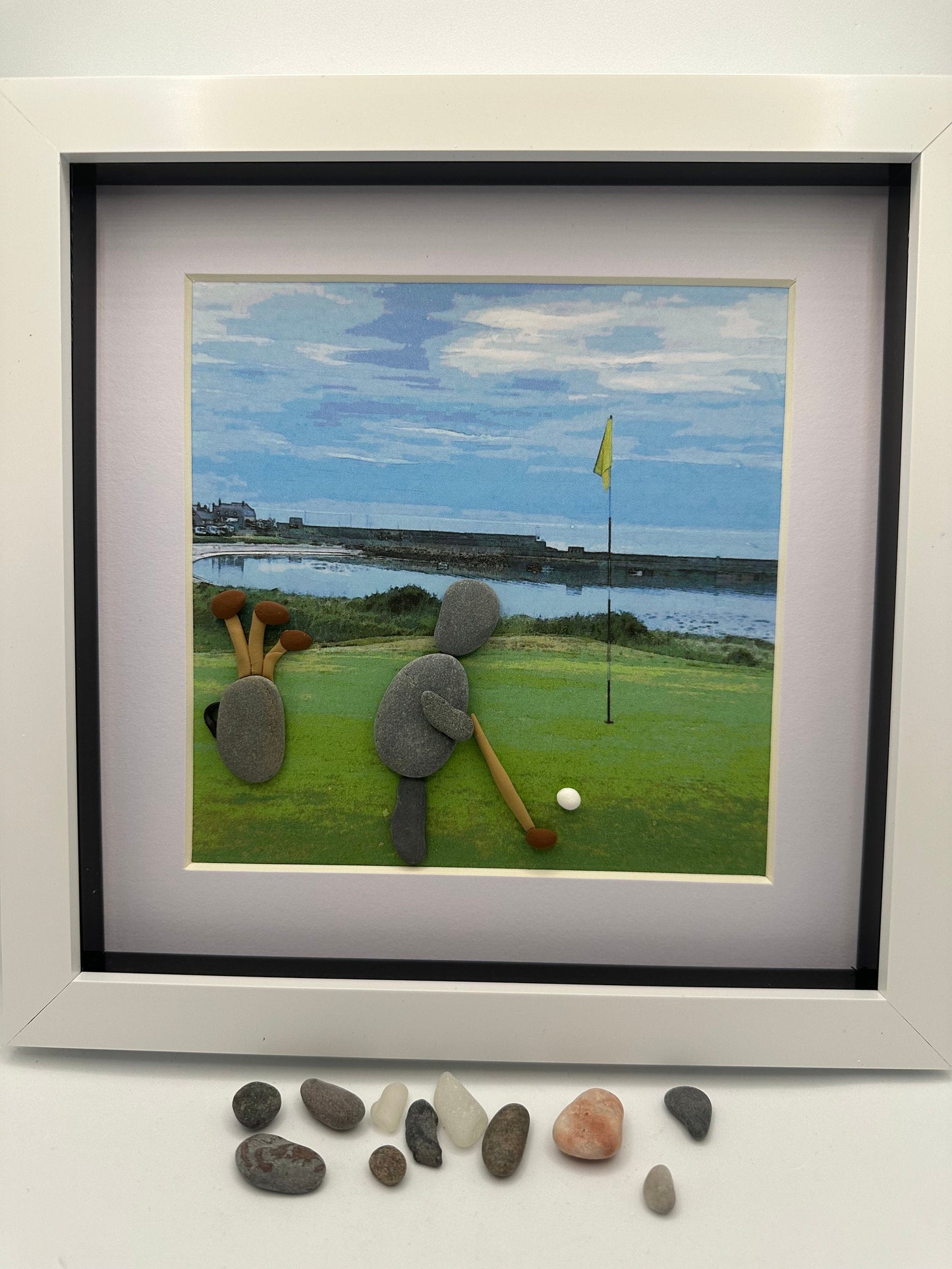 golf pebble art, golfer, Rosehearty golf course, pebble art golf, Aberdeenshire golf, golf gift, pebble art, framed dad gift, framed golfer