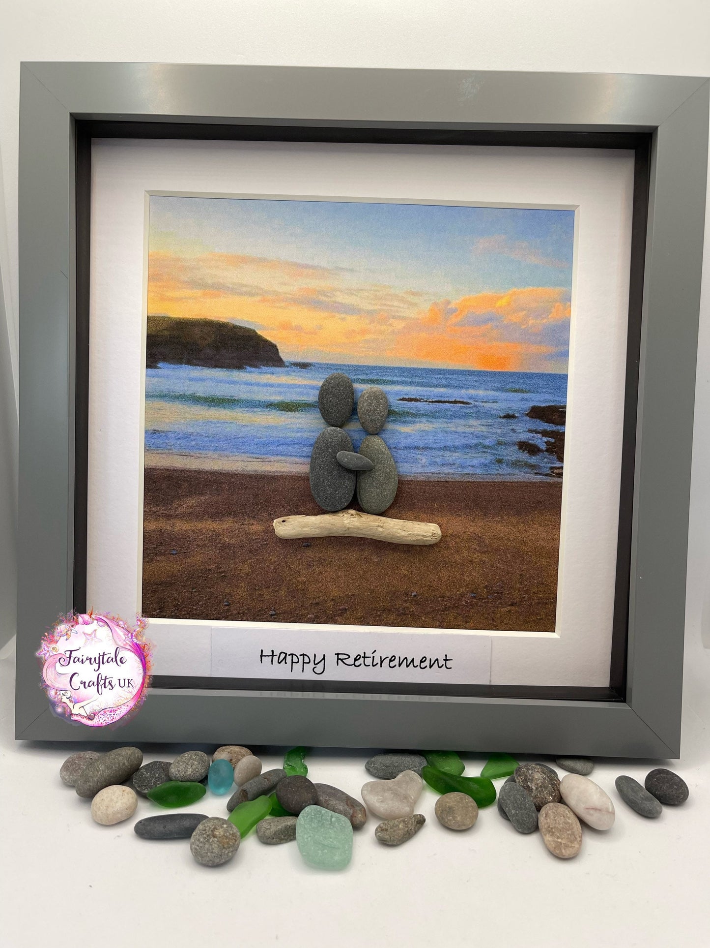 Millshore Beach Pebble Art: Sunset Couple pebble art, beach pebble art, sunset beach pebble art, pebble art, beach framed art