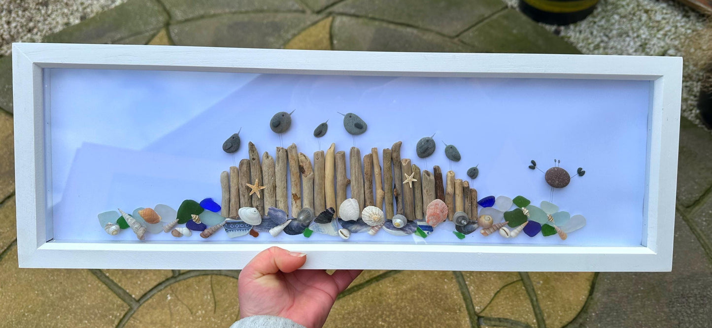 Extra Large Sea Bird Pebble Art with Sea Glass & Driftwood, pebble bird frame, bird pebble art, seagull art, bird art, handmade pebble art