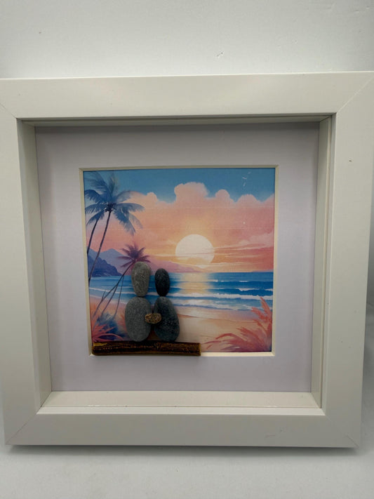 Beach pebble art, pebble art beach, pebble art, pebble art couple, tropical beach scene art