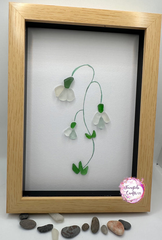 Sea Glass Snowdrop Flower Art, Rosehearty Beach Finds , pebble art, snowdrop art