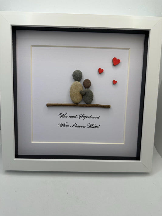 Mother & Child Pebble Art, Framed Family Gift, Mother’s Day gift, Mother’s Day pebble art, pebble art mum, superhero’s, pebble art, mum gift