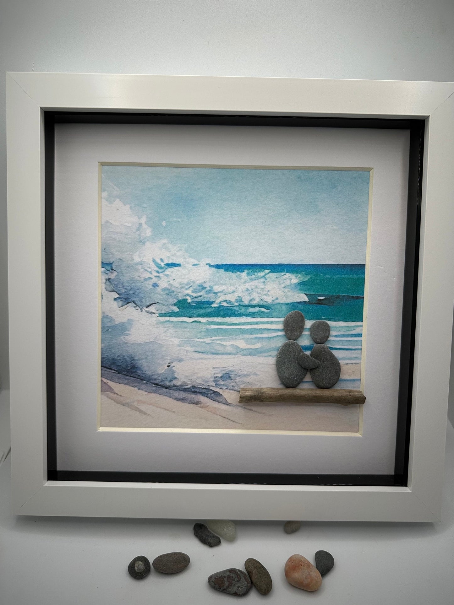 Pebble Art Couple on Stormy beach, Pebble Art Couple on Beach, Framed Seaside Scene, pebble art gift, pebble art beach, beach couple pebble