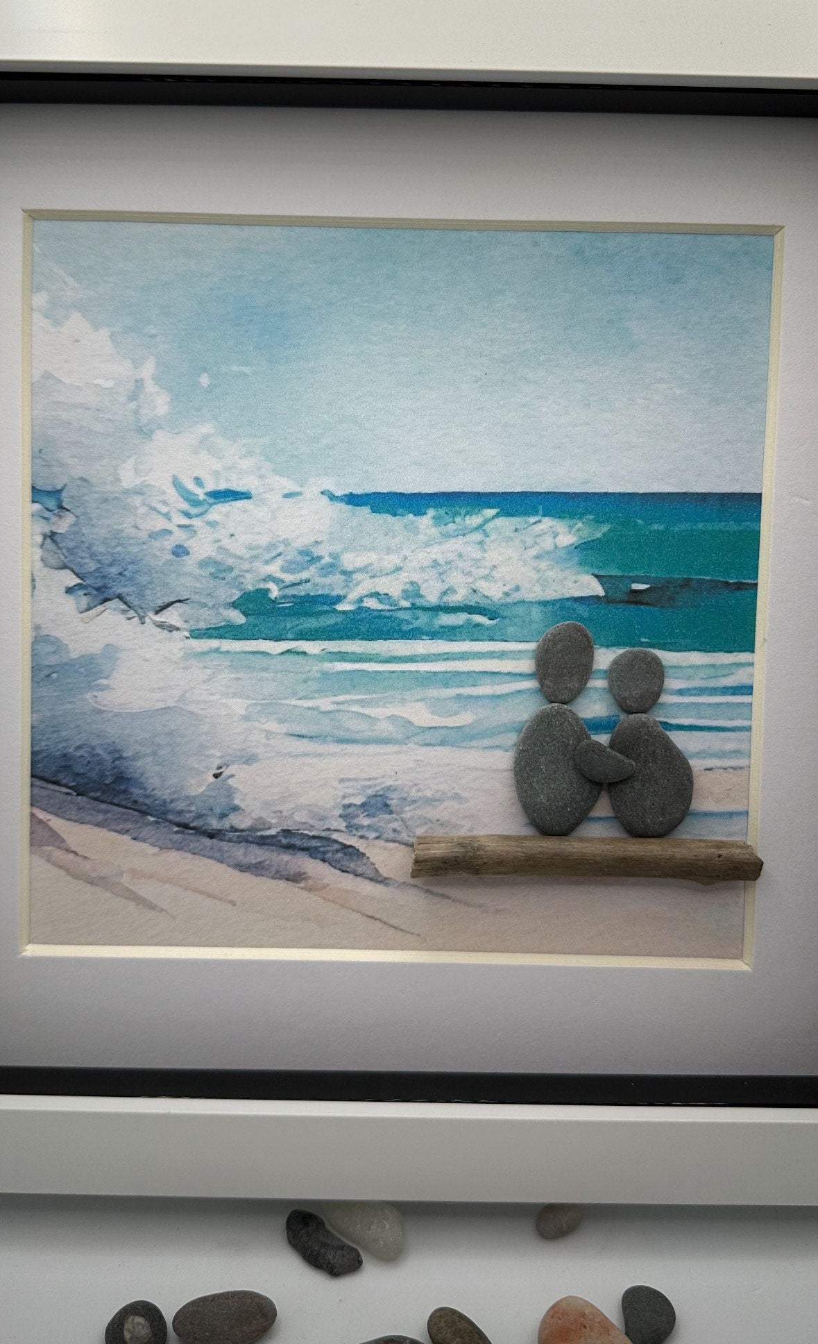 Pebble Art Couple on Stormy beach, Pebble Art Couple on Beach, Framed Seaside Scene, pebble art gift, pebble art beach, beach couple pebble