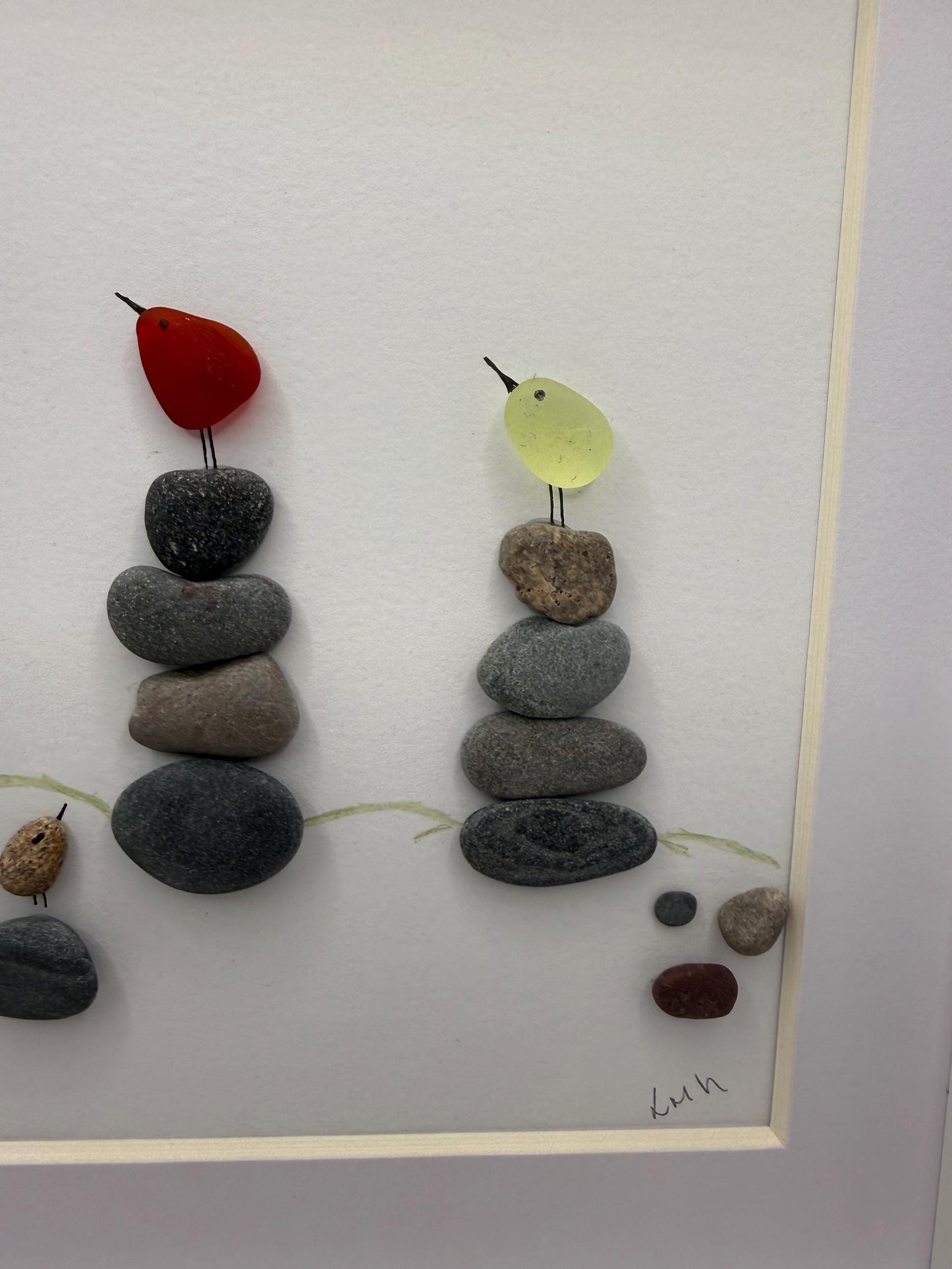 Seaglass Bird Pebble Art, Rare Red Teal Glass, Framed Scottish Coastal Art