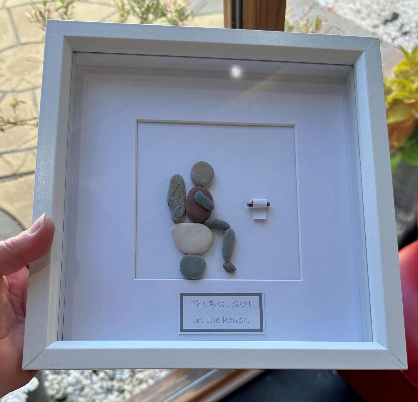 toilet pebble art, toilet quotes, bathroom art, pebble toilet, washroom fun, toilet art. framed pebble art