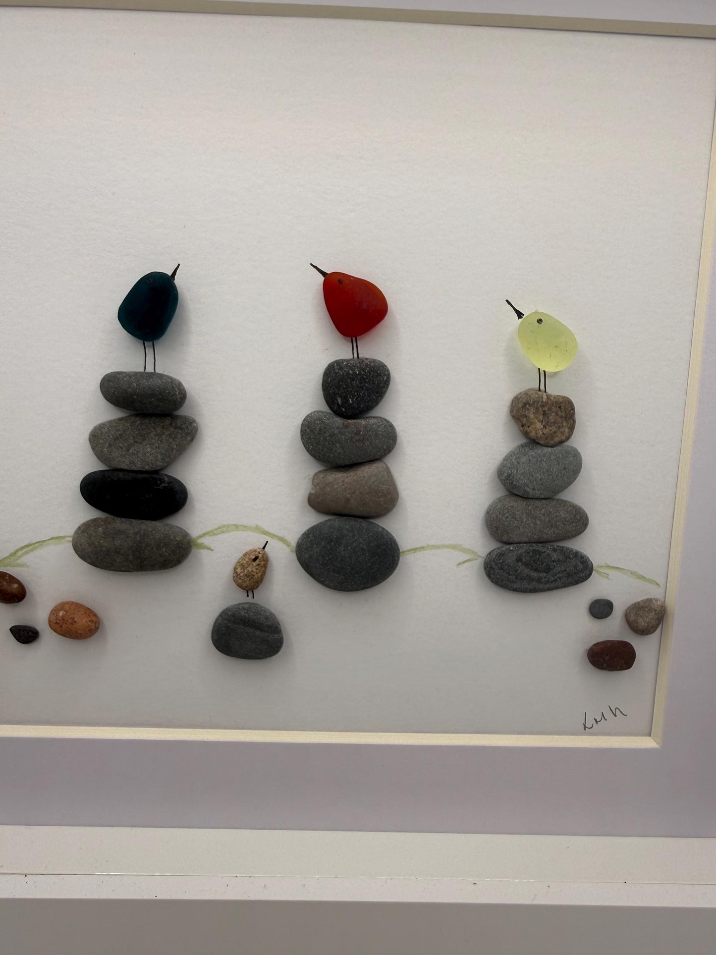 Seaglass Bird Pebble Art, Rare Red Teal Glass, Framed Scottish Coastal Art