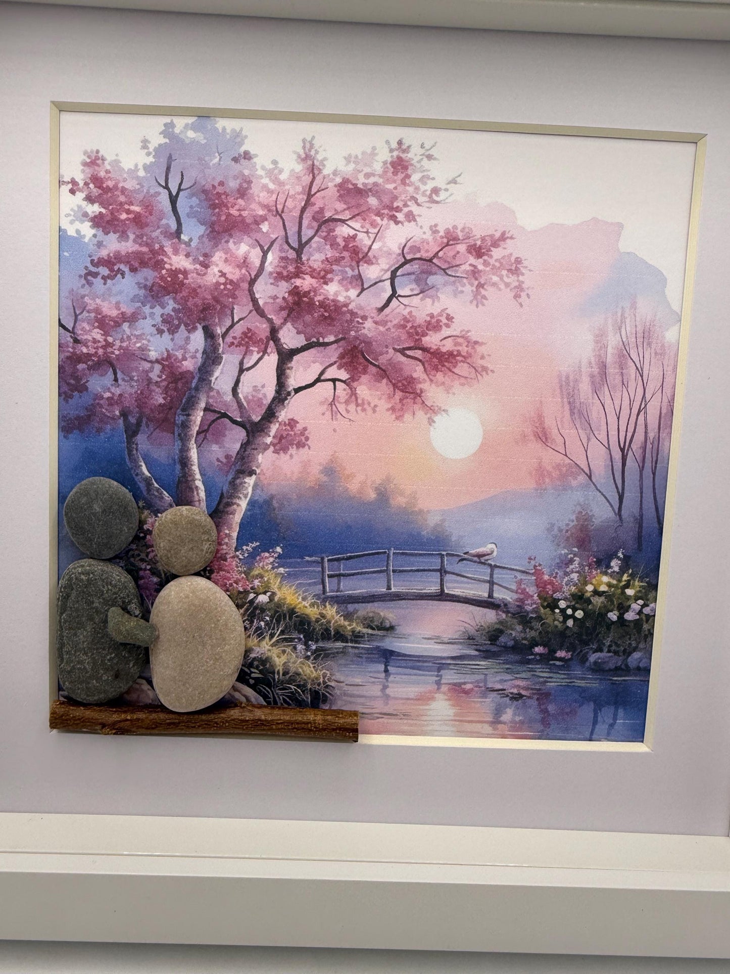 Cherry blossom lake scene pebble art, pebble art scene, pebble art couple, pebble art