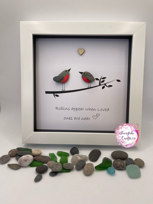 Robins appear when loved ones are near,  frame pebble art, robin pebble art, rock art,robin gift, sympathy gift, various sizes