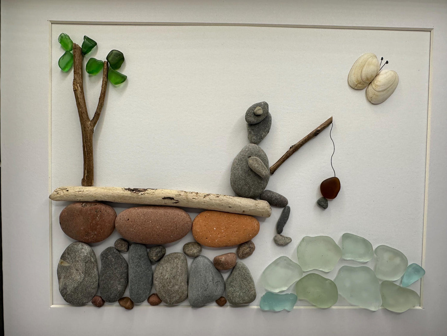fishing pebble art, fisherman pebble art, gone fishing, pebble art, Father’s Day pebble art