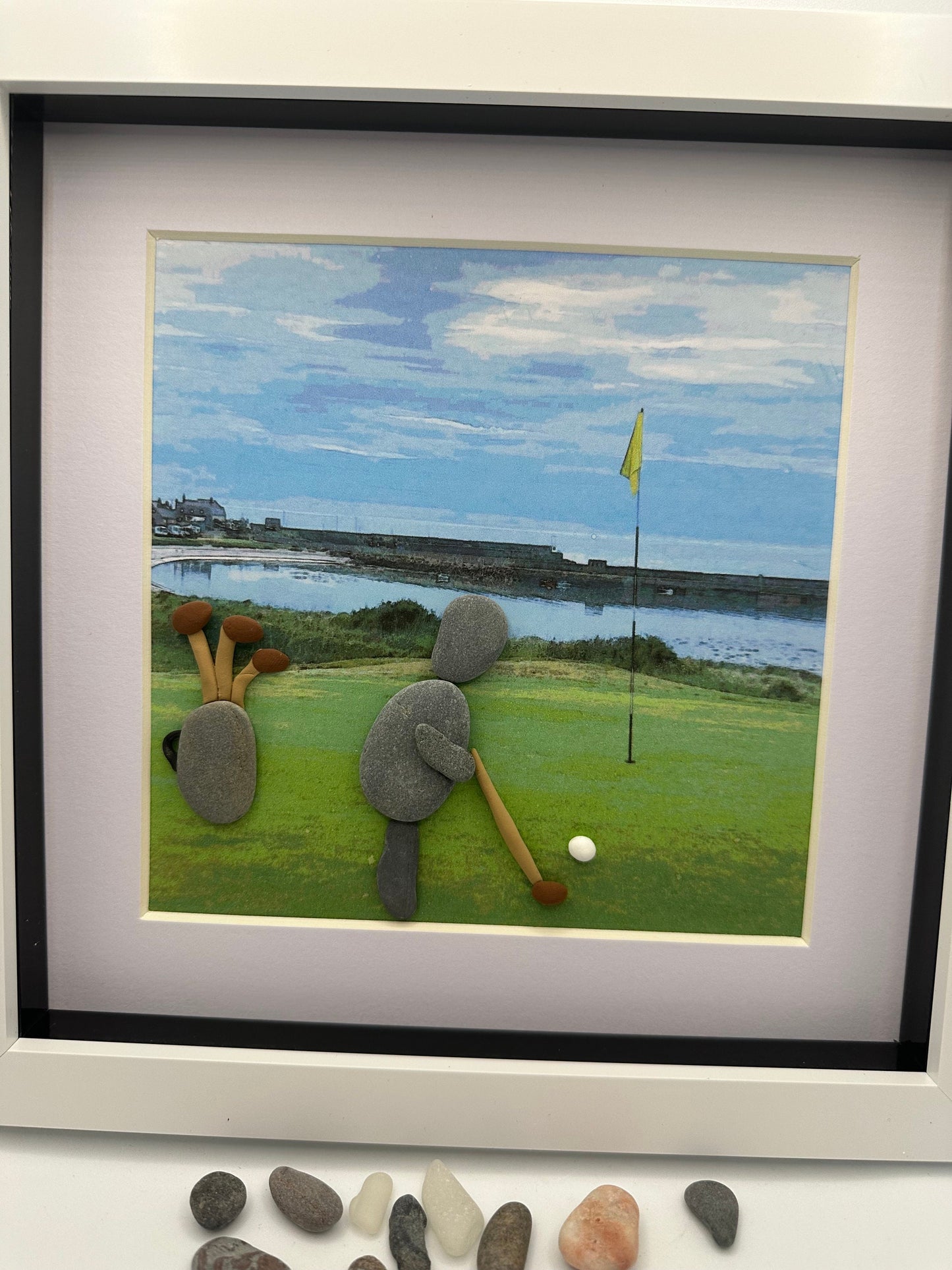 golf pebble art, golfer, Rosehearty golf course, pebble art golf, Aberdeenshire golf, golf gift, pebble art, framed dad gift, framed golfer