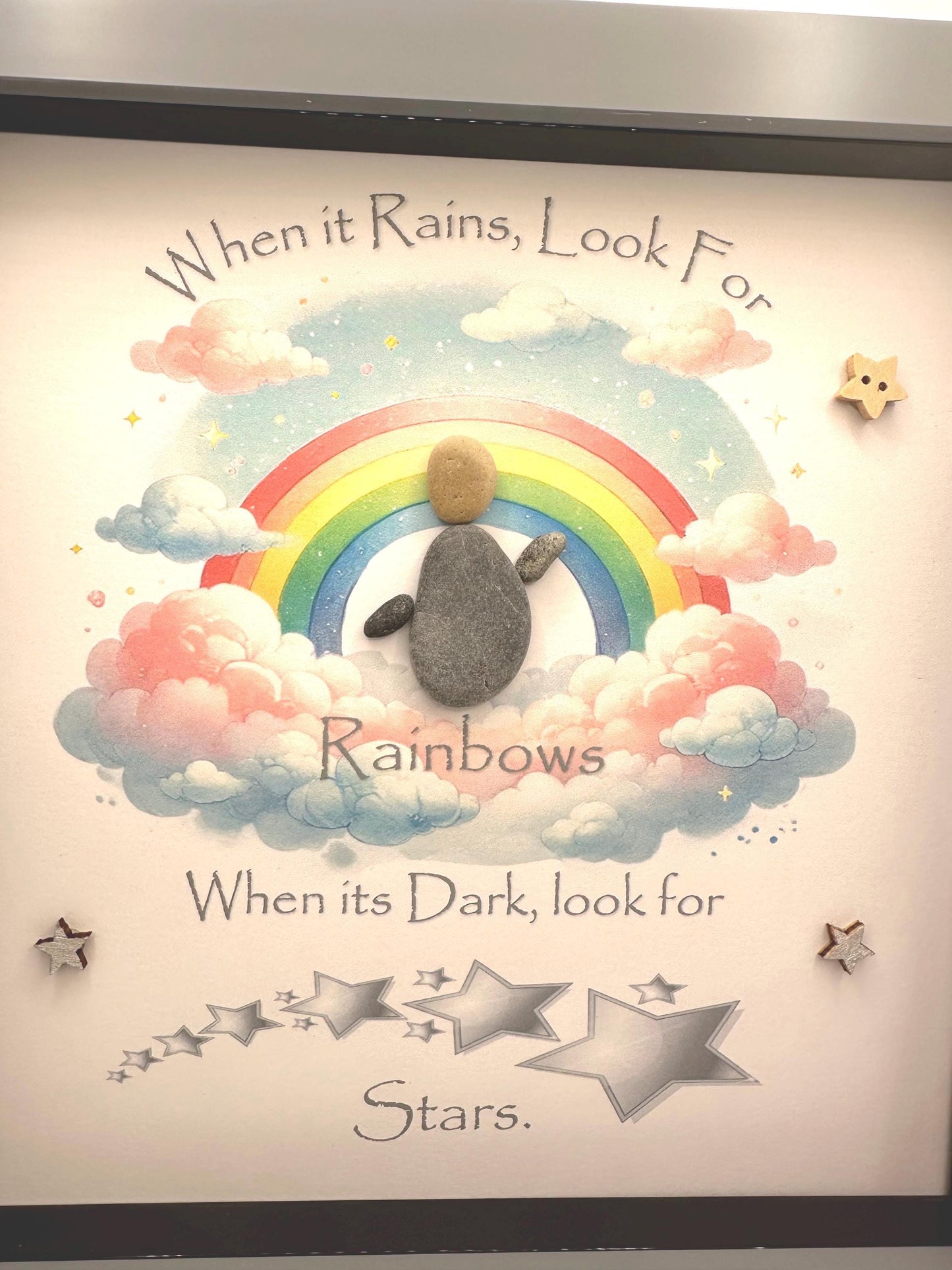 rainbow and star pebble art, when it rains look for rainbows, loss pebble art, star pebble art