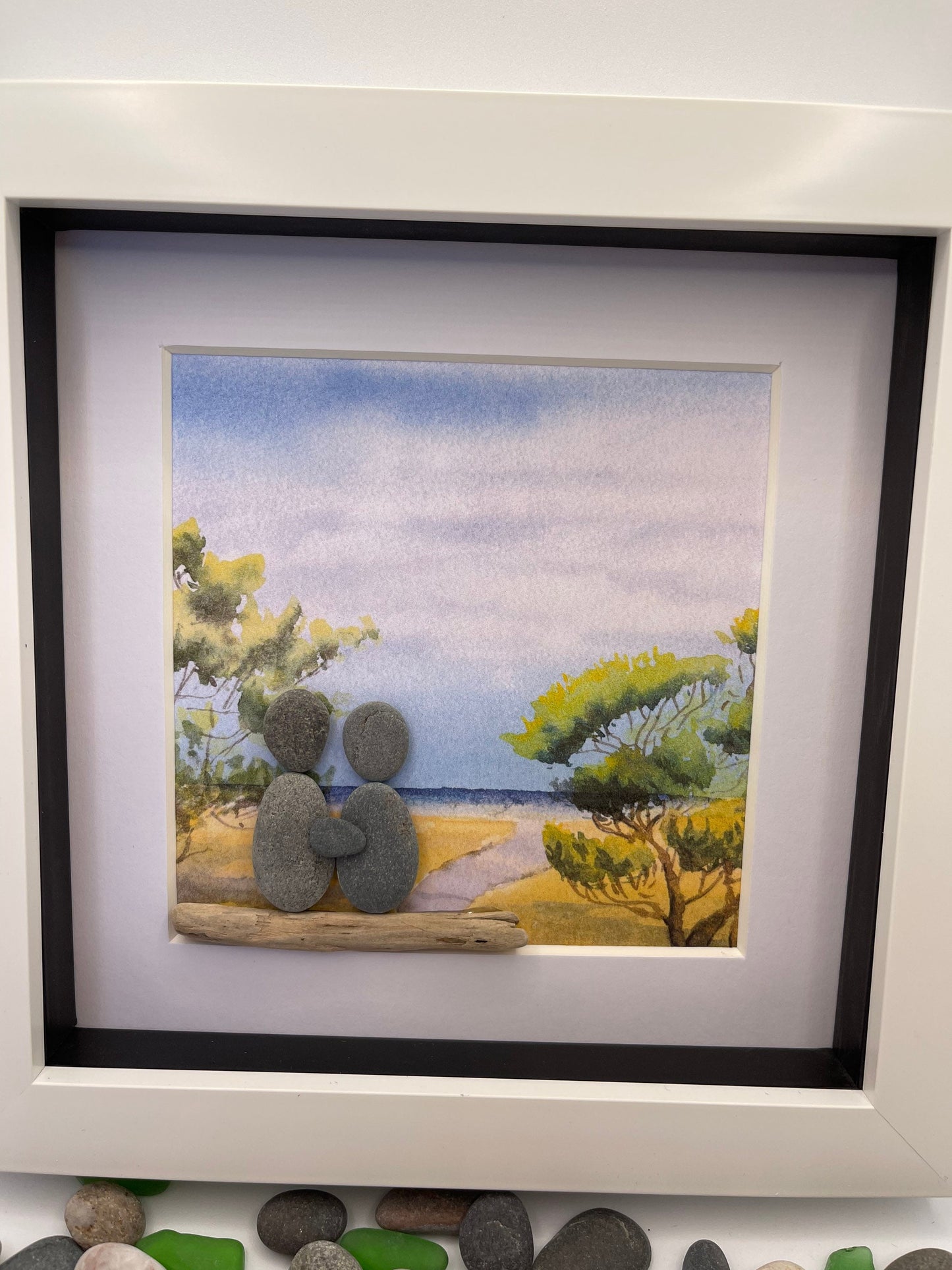 Pebble Art Couple on Beach, Framed Seaside Scene, pebble art gift, pebble art beach, beach couple pebble art, couple pebble art, pebble art