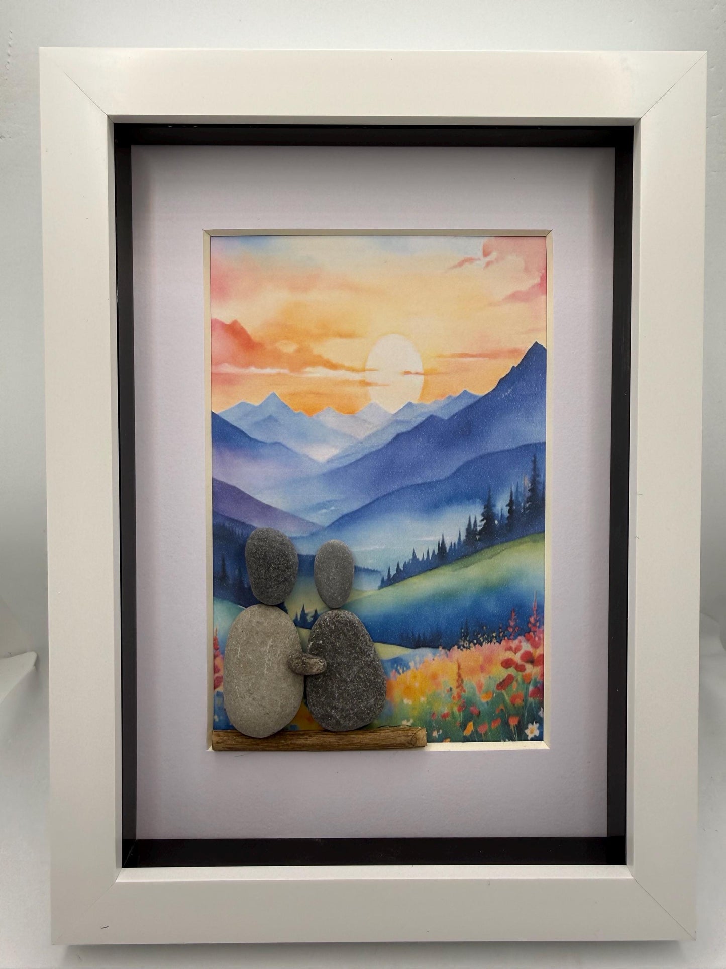 Landscape pebble art, pebble art scene, pebble art couple, pebble art, couple framed gift. Landscape gifts
