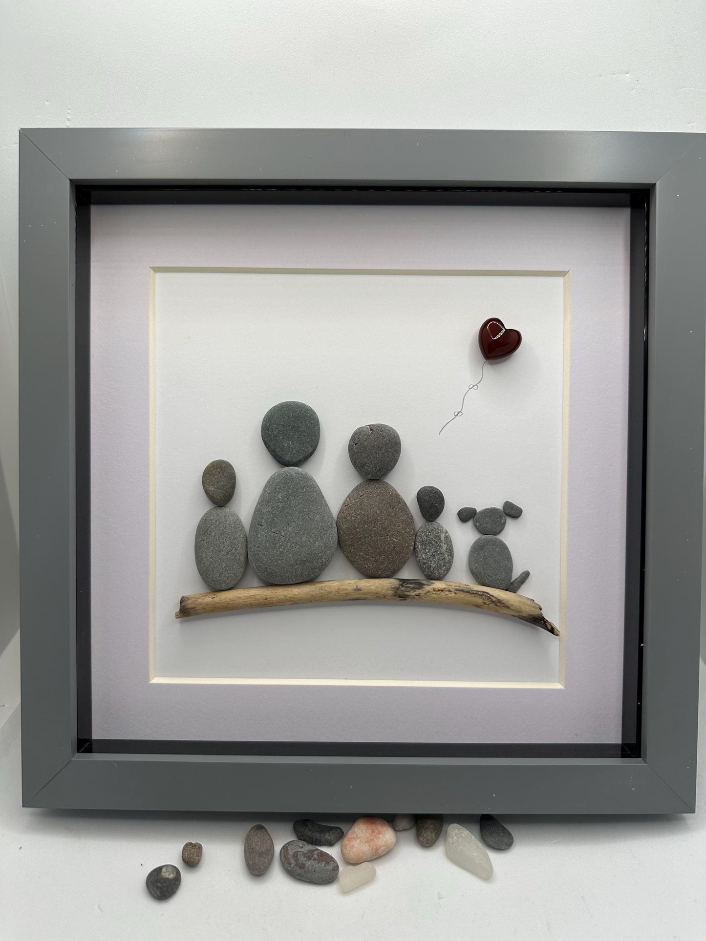 Pebble Art Family Portrait: Four People and Dog, Red Heart Balloon
