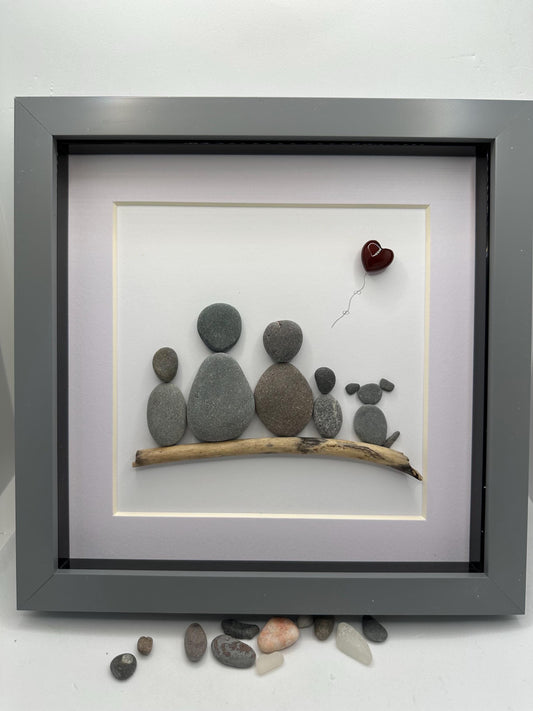 Pebble Art Family Portrait: Four People and Dog, Red Heart Balloon