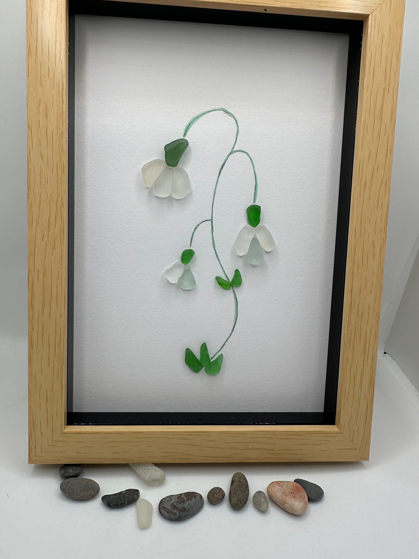 Sea Glass Snowdrop Flower Art, Rosehearty Beach Finds , pebble art, snowdrop art