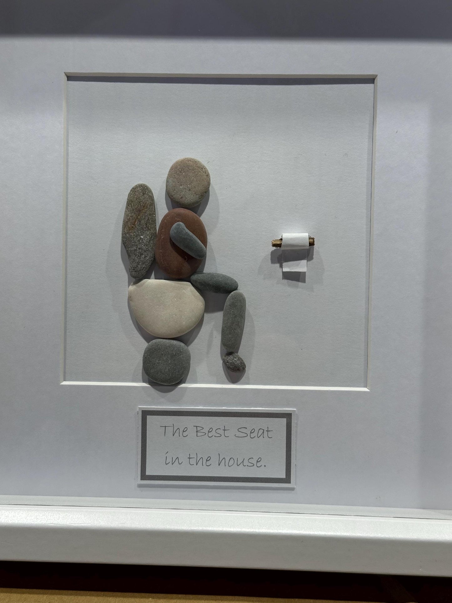 toilet pebble art, toilet quotes, bathroom art, pebble toilet, washroom fun, toilet art. framed pebble art