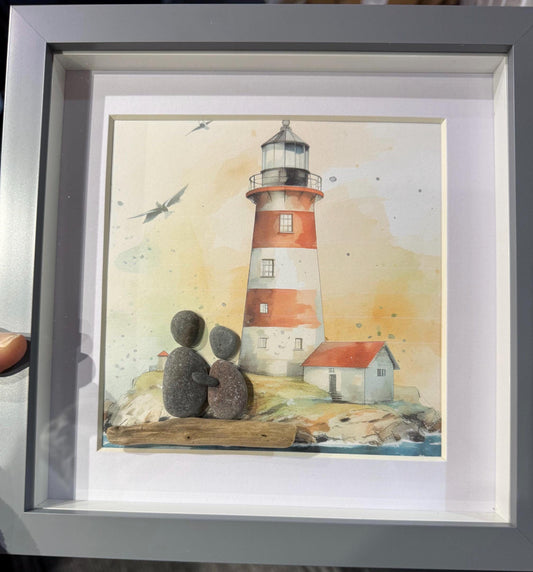Lighthouse Pebble Art,Framed Coastal Decor, pebble art, lighthouse, lighthouse gift, pebble art lighthouse, couple pebble, lighthouse pebble