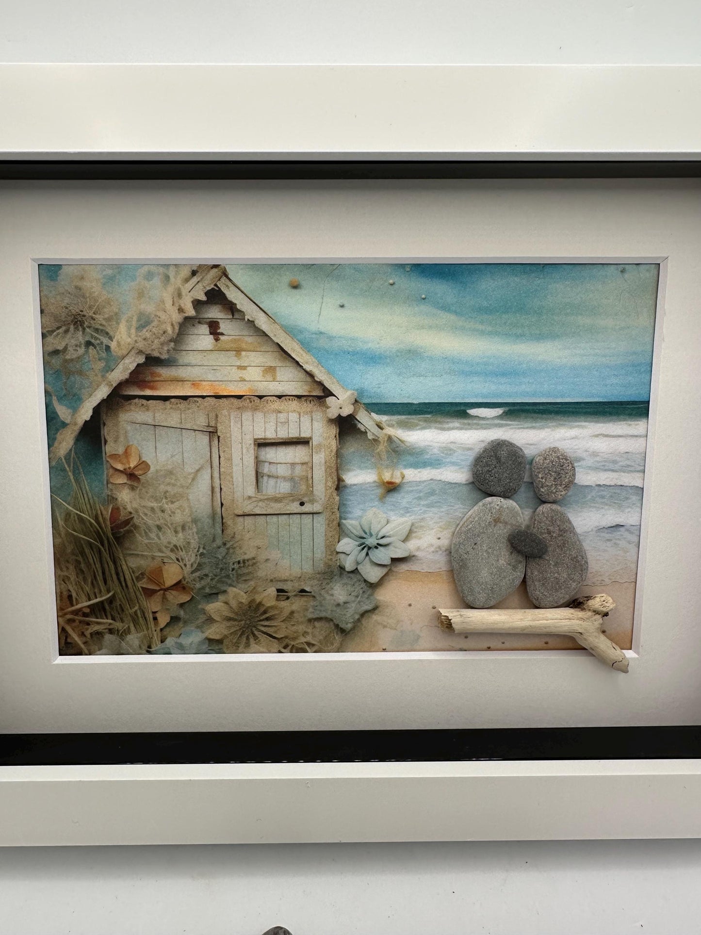 Beach hut scene pebble art, pebble art beach, couple pebble art, pebble art