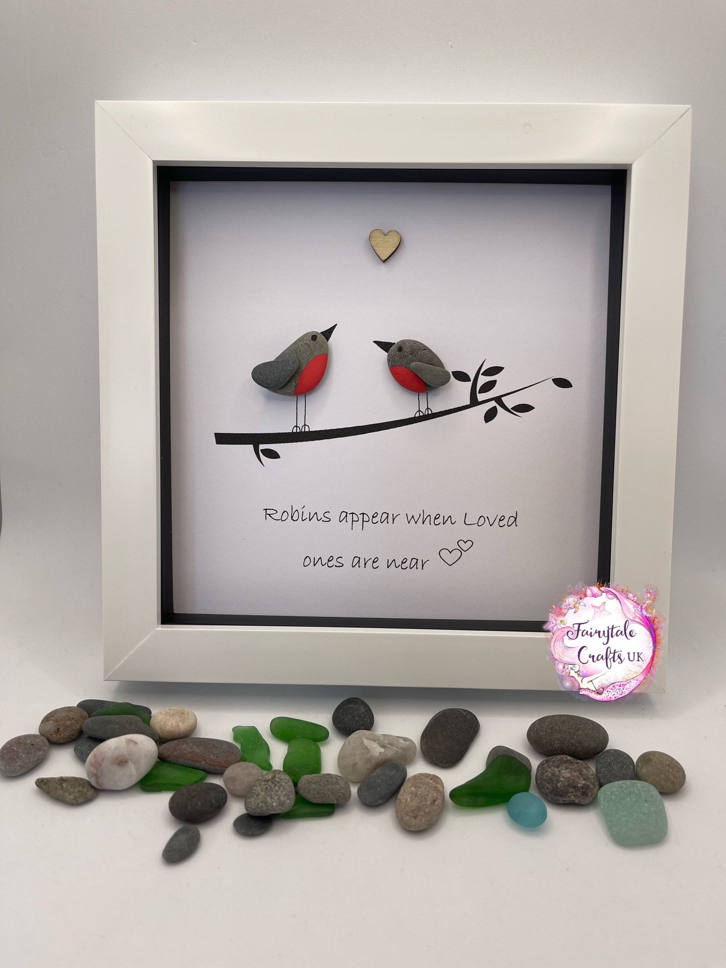 Robins appear when loved ones are near, 6x6” frame,pebble art, robin pebble art, rock art, made in Scotland
