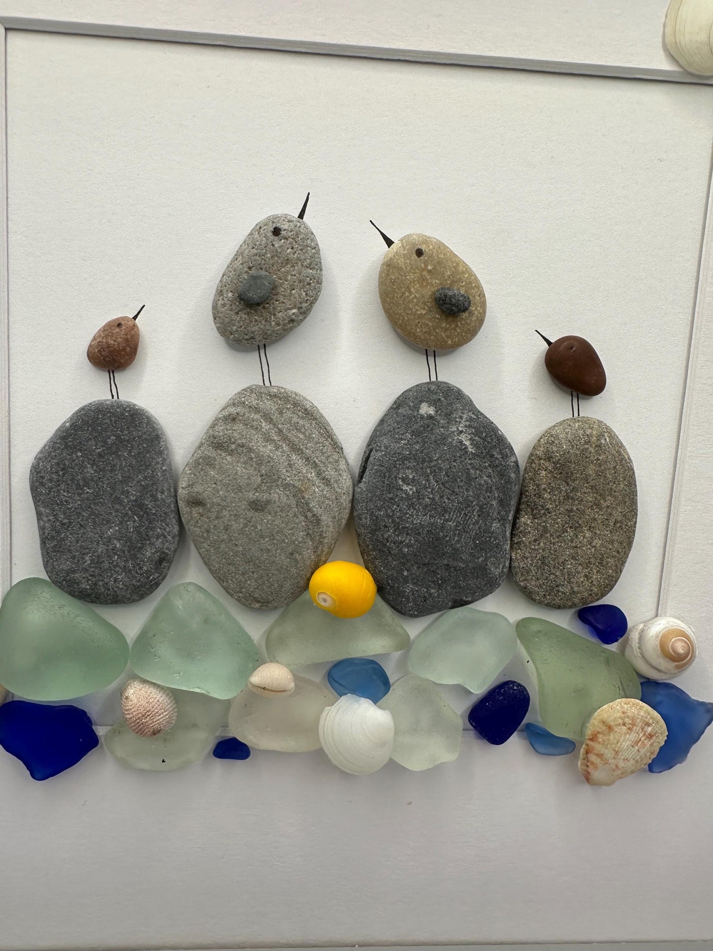 pebble art birds, birds pebble art, pebble art, sea glass pebble art, seaglass art, blue sea glass, bird art, framed art