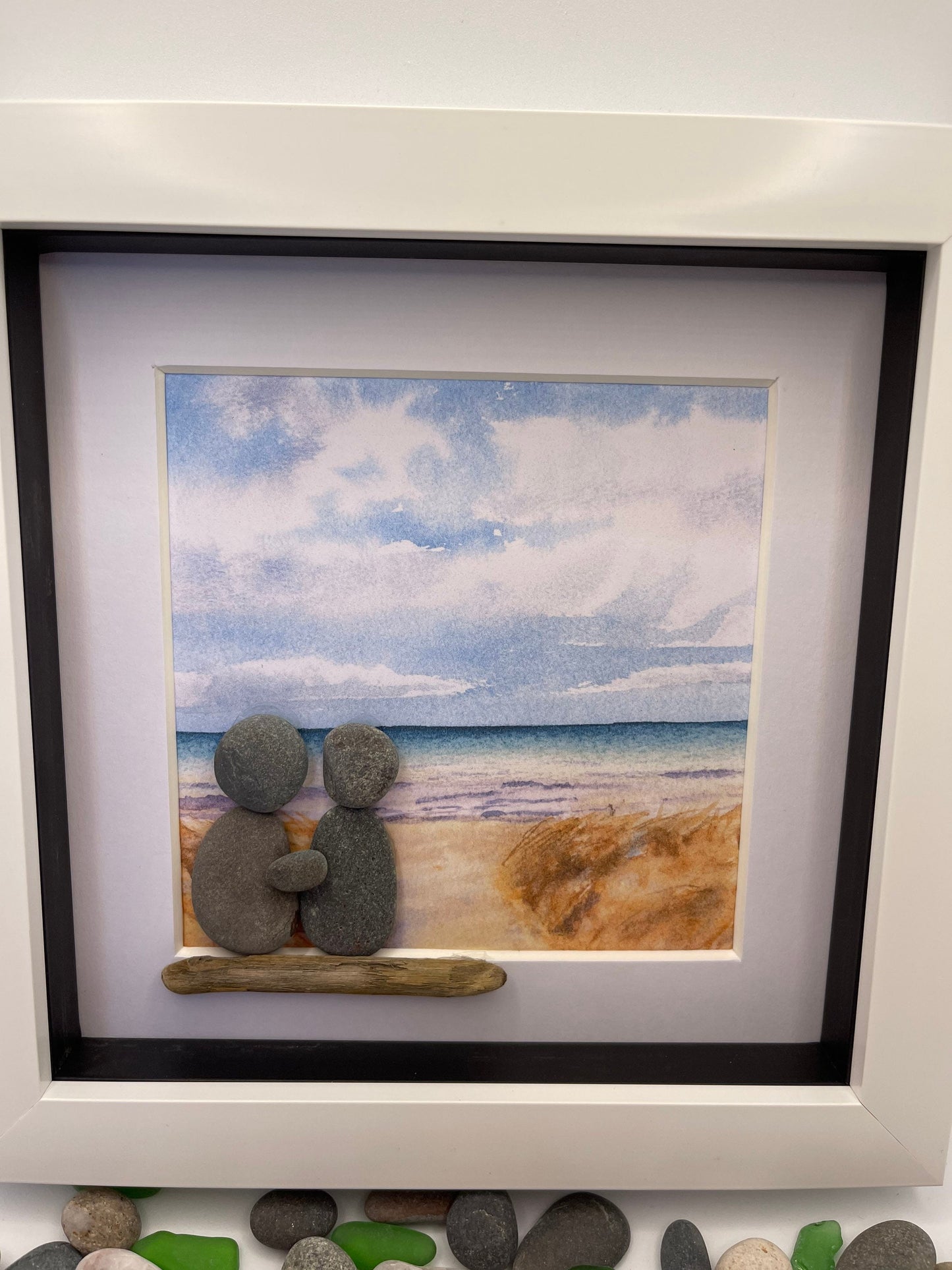 Beach Pebble Art: Seaside Couple on Bench (6x6” Frame)