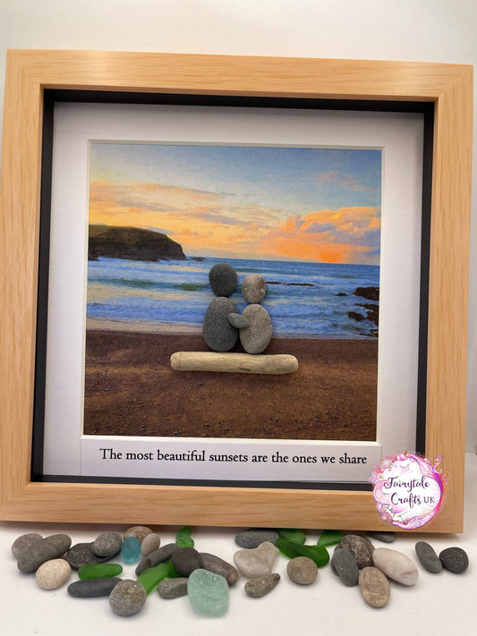 Millshore Beach Pebble Art: Sunset Couple pebble art, beach pebble art, sunset beach pebble art, pebble art, beach framed art