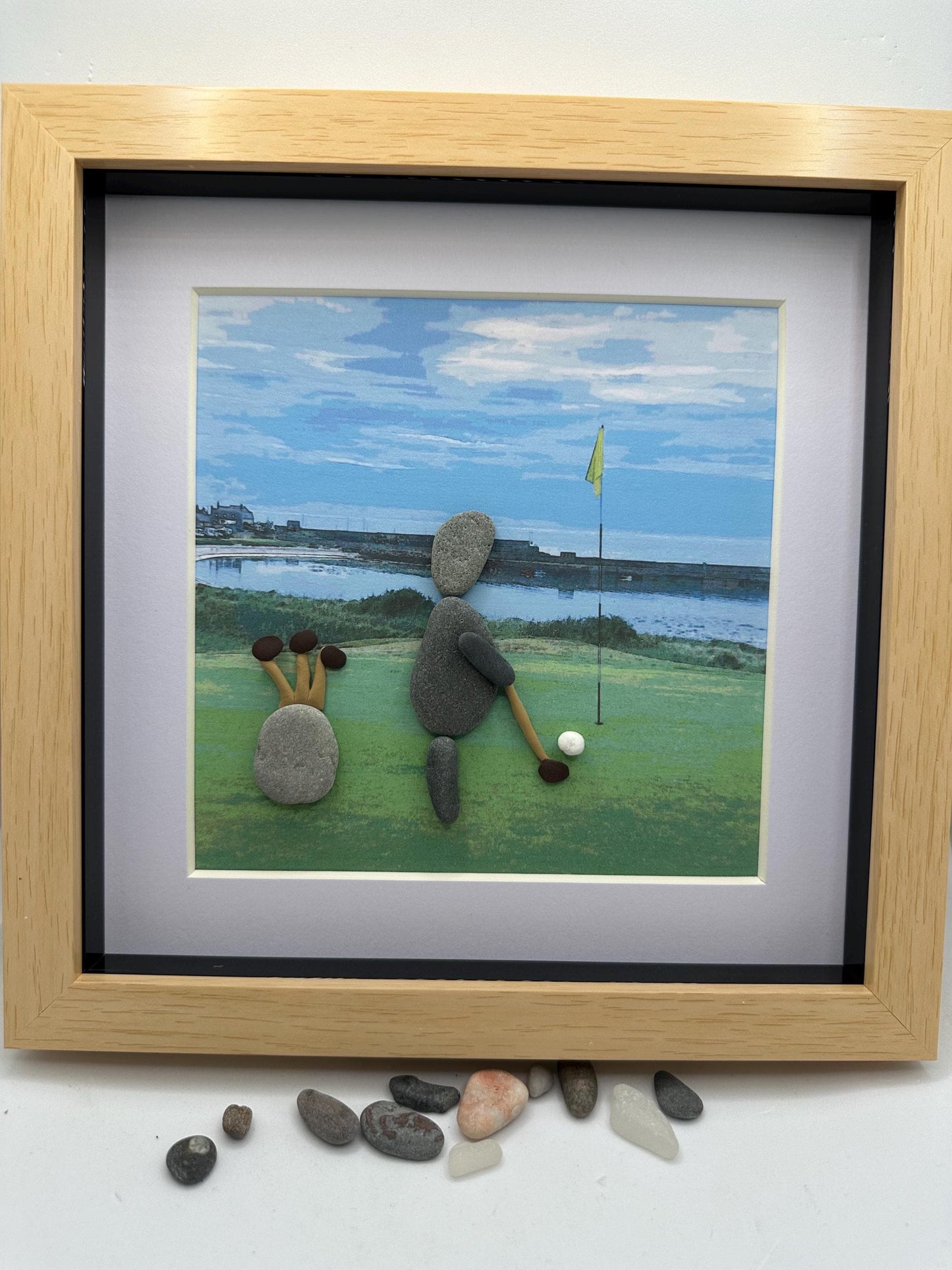 golf pebble art, golfer, Rosehearty golf course, pebble art golf, Aberdeenshire golf, golf gift, pebble art, framed dad gift, framed golfer