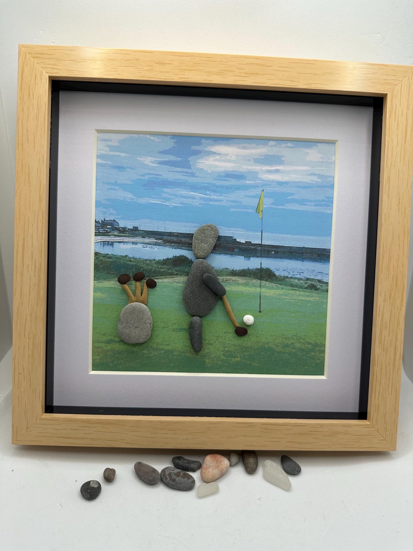 golf pebble art, golfer, Rosehearty golf course, pebble art golf, Aberdeenshire golf, golf gift, pebble art, framed dad gift, framed golfer