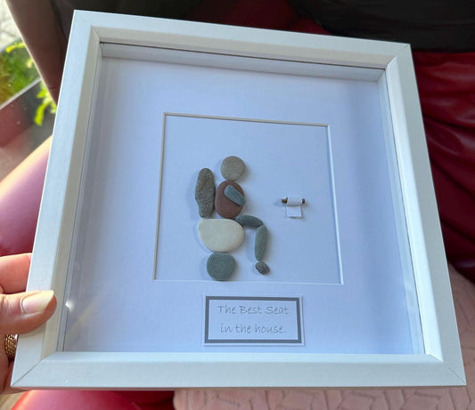 toilet pebble art, toilet quotes, bathroom art, pebble toilet, washroom fun, toilet art. framed pebble art