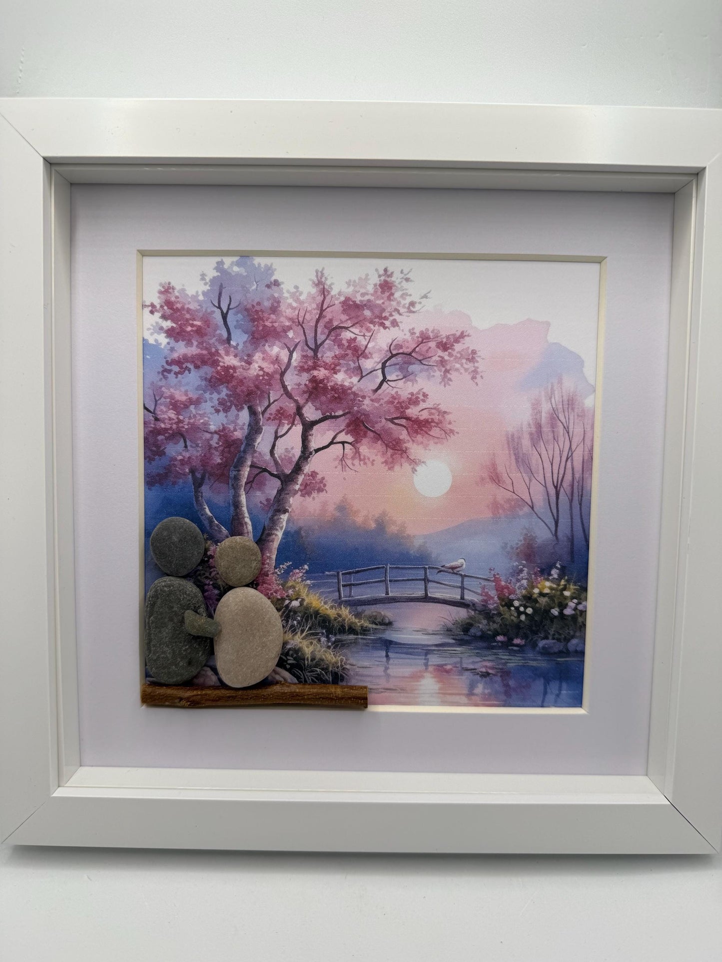 Cherry blossom lake scene pebble art, pebble art scene, pebble art couple, pebble art