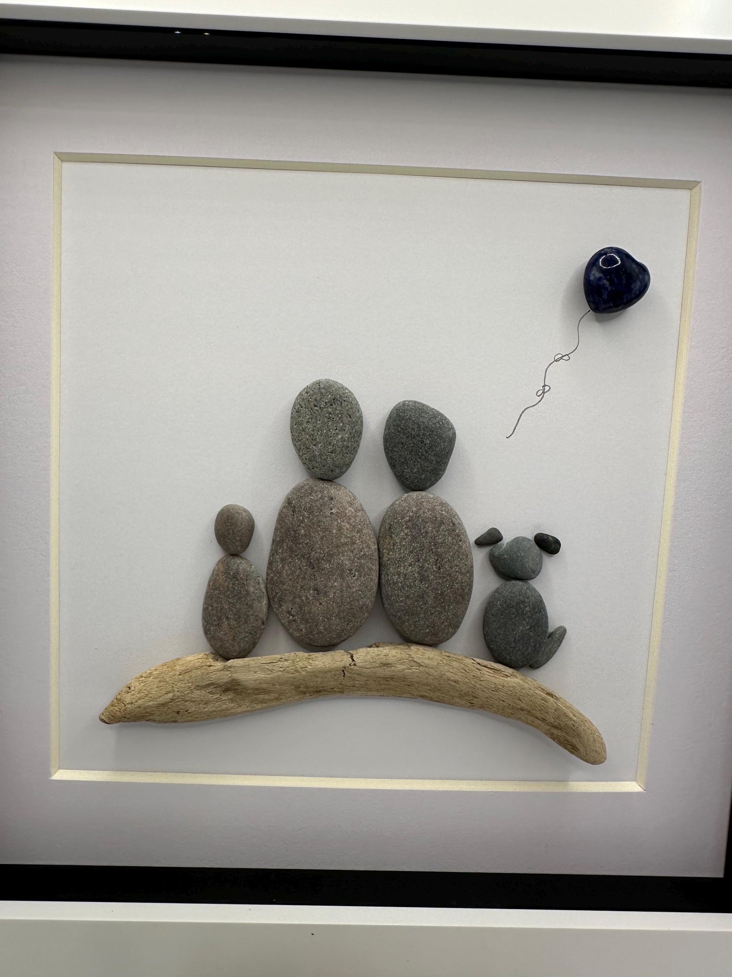 Pebble Art Family Portrait with dog, family of three pebble art, pebble art family, dog pebble art, family gift, family portrait, pebble art