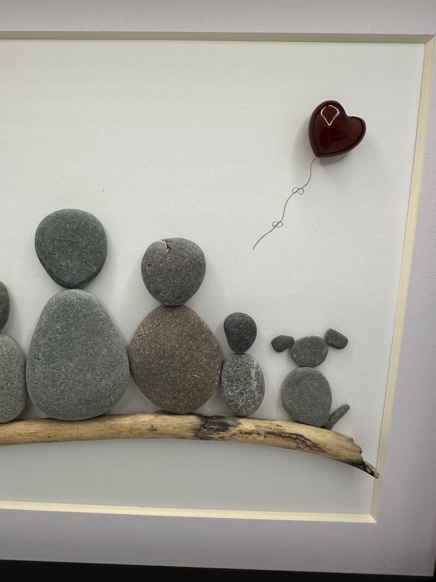Pebble Art Family Portrait: Four People and Dog, Red Heart Balloon