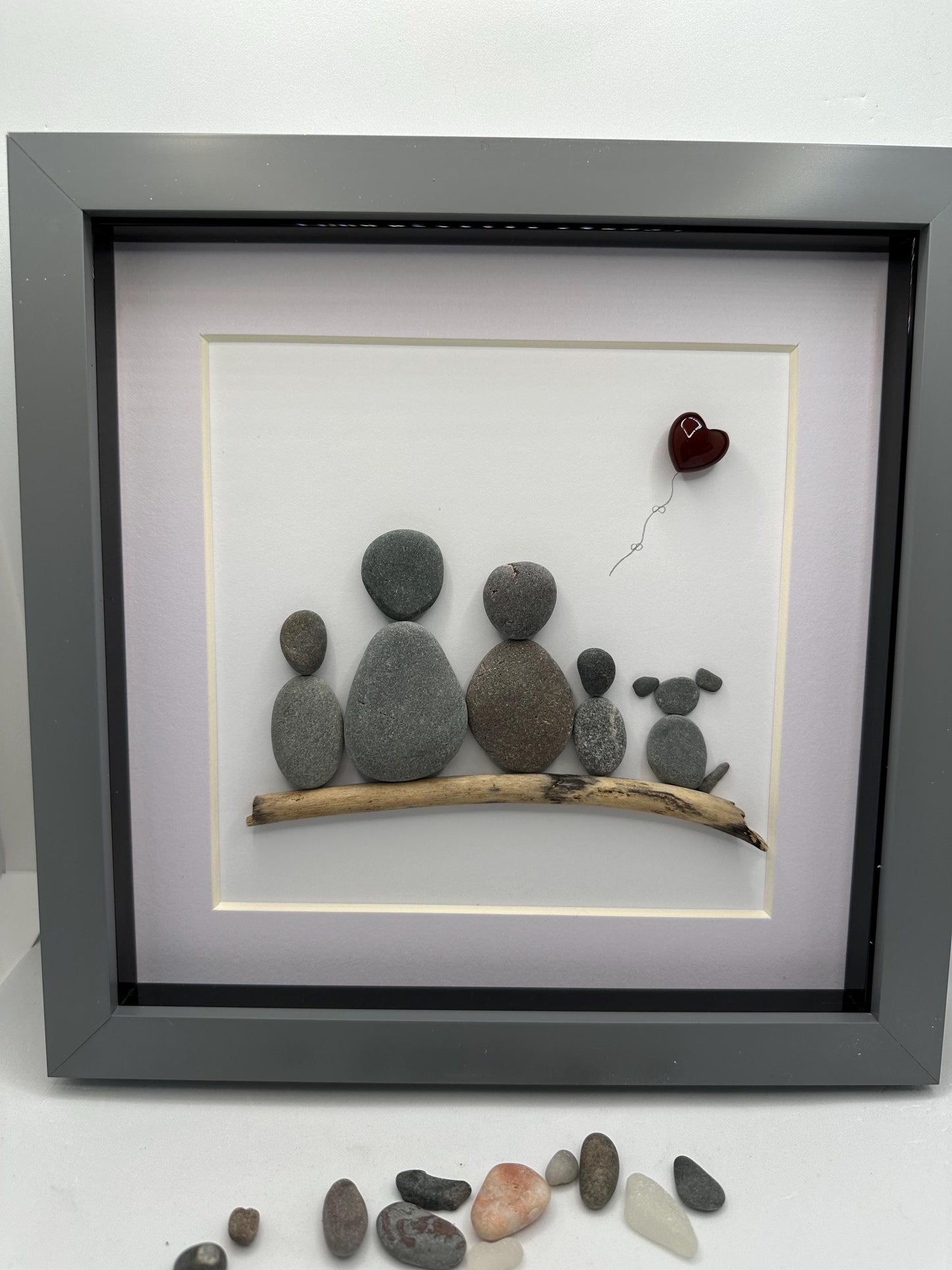 Pebble Art Family Portrait: Four People and Dog, Red Heart Balloon