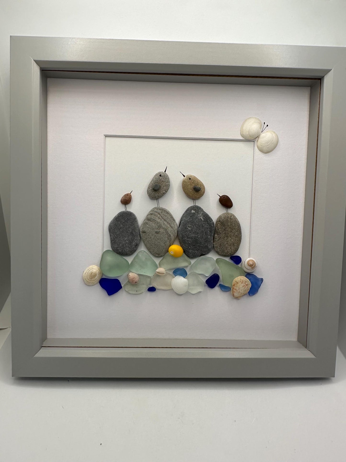 pebble art birds, birds pebble art, pebble art, sea glass pebble art, seaglass art, blue sea glass, bird art, framed art