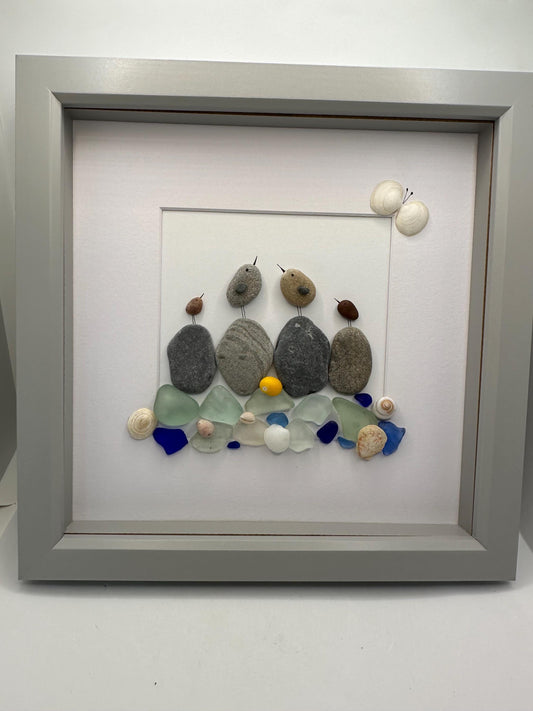 pebble art birds, birds pebble art, pebble art, sea glass pebble art, seaglass art, blue sea glass, bird art, framed art