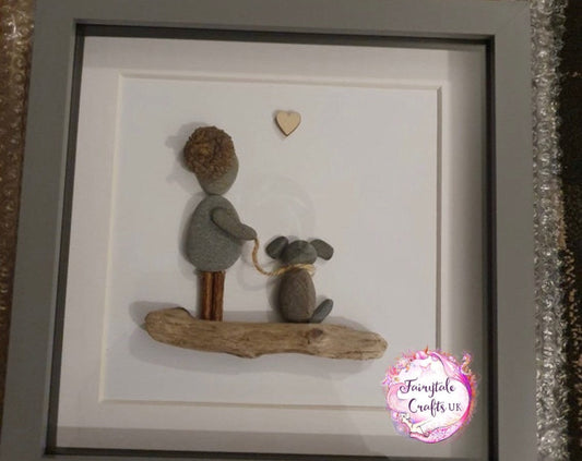 Dog Walker Pebble Art, Lady with Pet