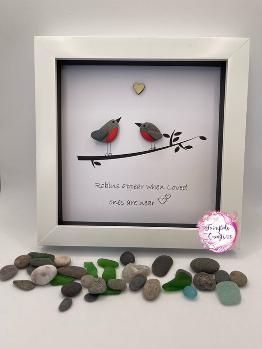 Robins appear when loved ones are near, pebble art, robin pebble art, rock art, made in Scotland