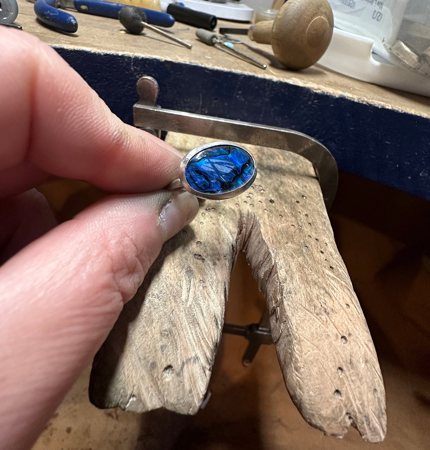 Blue Paula shell sterling silver 925 ring, abalone shell ring, abalone sterling silver ring size R, handmade