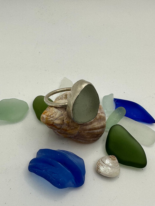 Handmade sea glass ring, sea glass silver ring, sterling silver, sea glass, sea foam glass size Q