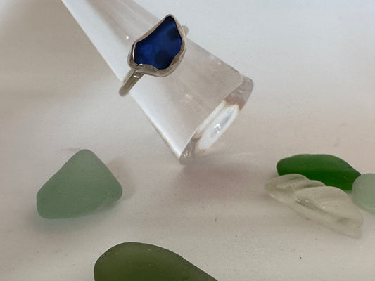 Handmade sea glass ring, cobalt blue sea glass, silver ring, sterling silver, sea glass, blue sea glass, blue sea glass ring size Q